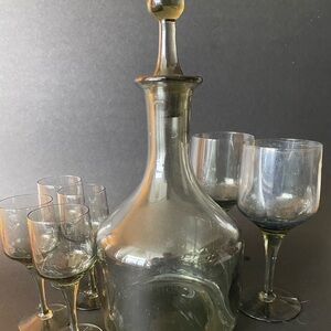 Orrefors rhapsody 10” smoke crystal decanter by Sven Palmqvist, MCM, 6 glasses